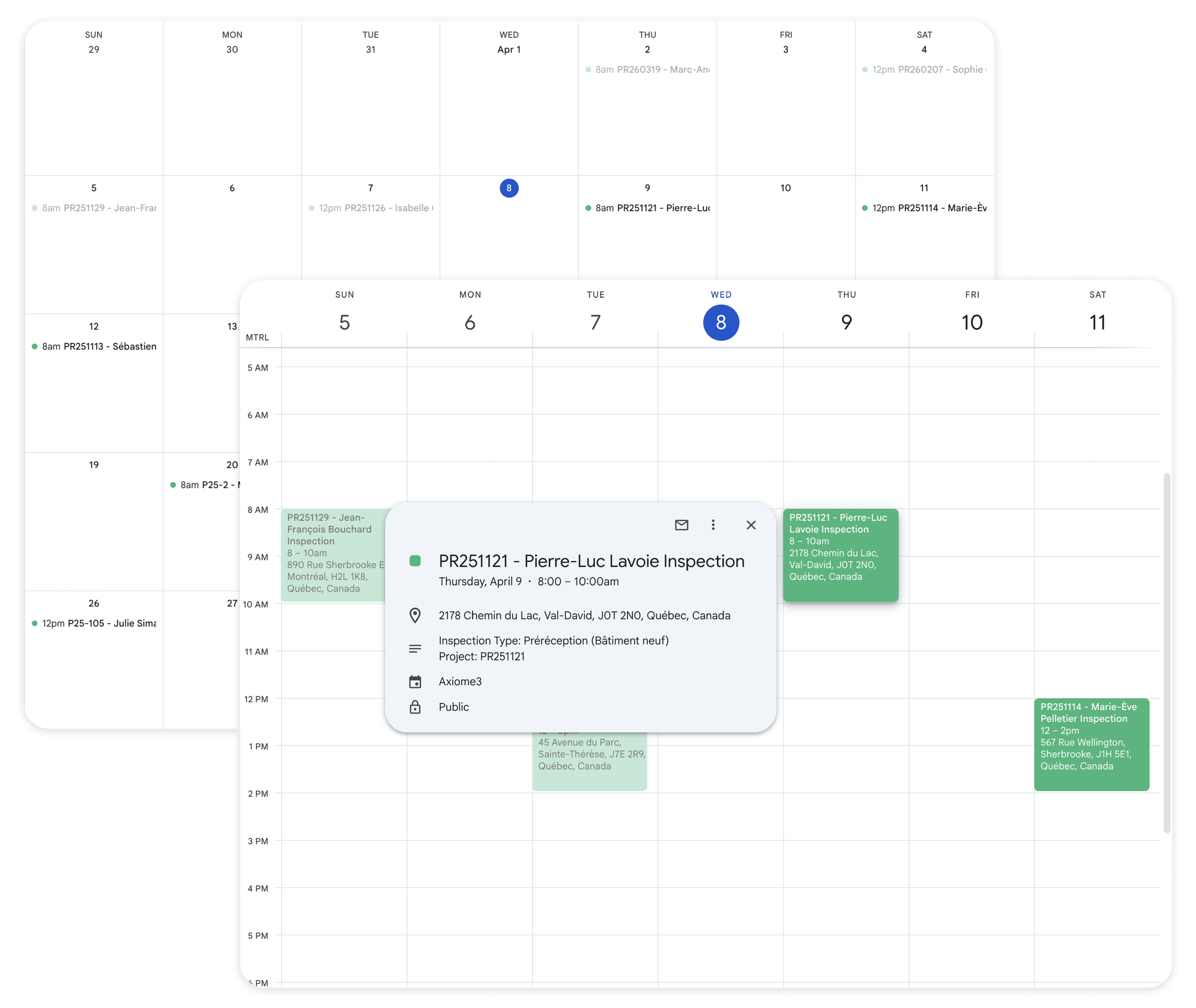 Calendrier d'inspection en bâtiment synchronisé avec Google Agenda dans Axiome³